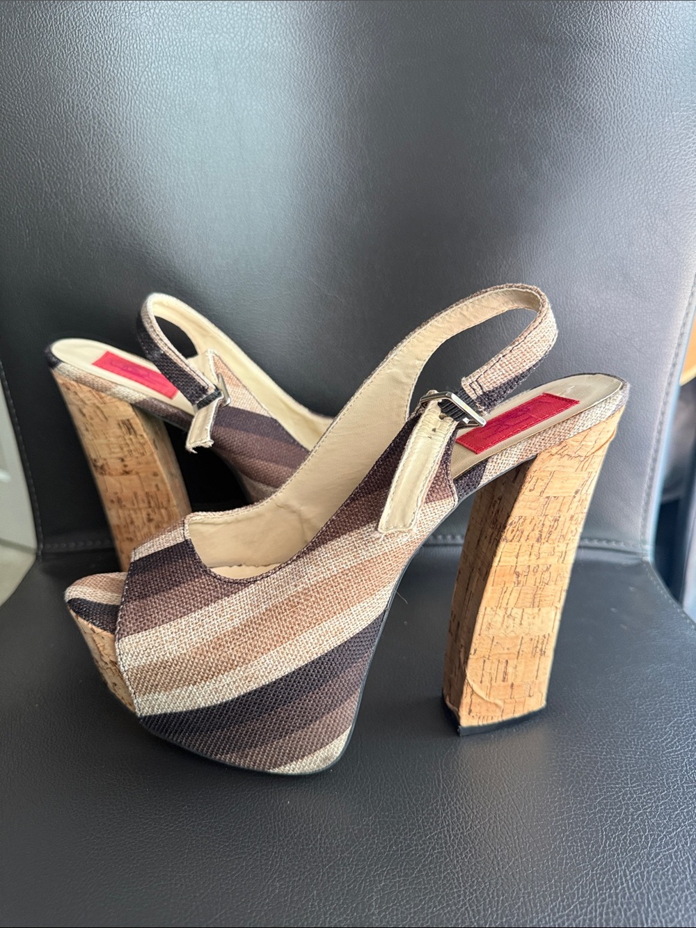FRH Women’s Brown Striped Slingback Peep-Toe Platform Heels